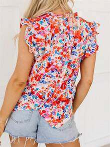 Astylish Women's Boho Floral Print Summer Tank Tops Frill Neck Pleated Sleeveless Shirt Vintage Casual Blouse Top
