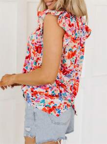 Astylish Women's Boho Floral Print Summer Tank Tops Frill Neck Pleated Sleeveless Shirt Vintage Casual Blouse Top