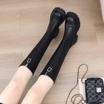 Women's Knee High Boots New Autumn Winter Slimming Leather Boots, Small Size Thick Sole Boots, Front Zip Over-The-Knee Riding Boots, Black