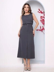 TAILORING SET BLOUSE AND MIDI SKIRT - Dark Grey - View 2