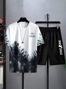 Conjunto de camiseta con estampado de pinos y pantalones cortos con cordón para hombre, camiseta de manga corta con cuello redondo a la moda y casual, pantalones cortos deportivos sueltos con estampado de letras, adecuados para calle, fiesta y deporte. - Blanco y Negro - Ver 2