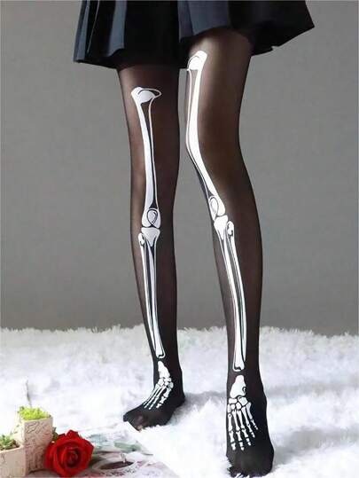 1 双女式万圣节骷髅印花渔网袜，蕾丝哥特式紧身连裤袜，Y2K 性感黑色紧身裤袜，适合派对/休闲、春/秋季