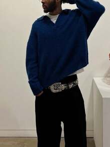 كنزة صوفية بولوفر كاجوال فضفاضة من أندريلي، ملابس علوية محبوك بأكمام طويلة وياقة مرنة، متعدد الاستخدامات بطابع الملابس الشارعية، يناسب الجنسين، للربيع/الخريف/الشتاء - الأزرق - مشاهدة 5