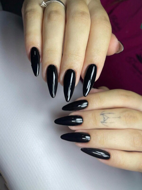 Black Press On Nails Jelly Stiletto Fake Nails With Glue Sticker, Press On Nails Long, Glossy Stick On Nails In 12 Sizes, 24PCS Glue On Nails