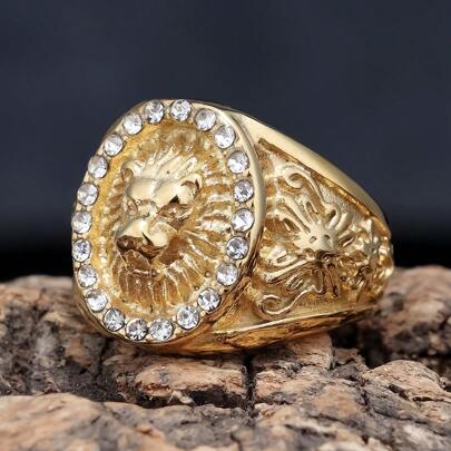 1 Piece Shiny 18K Gold Plated Silver Stainless Steel Waterproof Sin Of Pride King Of Beasts Brave Lion Rhinestone Hip Hop Fashion Jewelry Ring Gift For Man