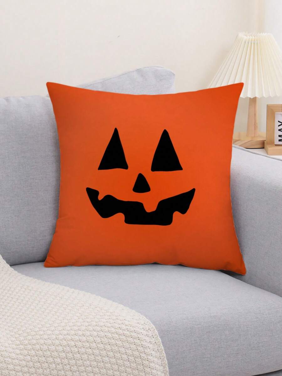 1 件万圣节南瓜图案抱枕套，现代布艺毛绒印花靠垫套，适用于万圣节沙发客厅装饰 - 彩色 - 查看 1
