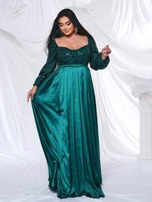 seomiscky Plus Size Long Sleeve Sequins Patchwork A-Line Evening Dress - Green - View 2
