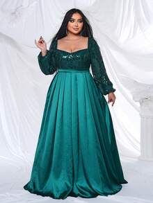 seomiscky Plus Size Long Sleeve Sequins Patchwork A-Line Evening Dress - Green - View 7