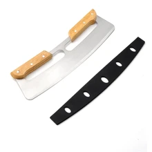 Wooden Handle Half Moon Pizza Cutter With Dual Handles, Stainless Steel Rocking Bread Knife For Baking - Khaki - View 3