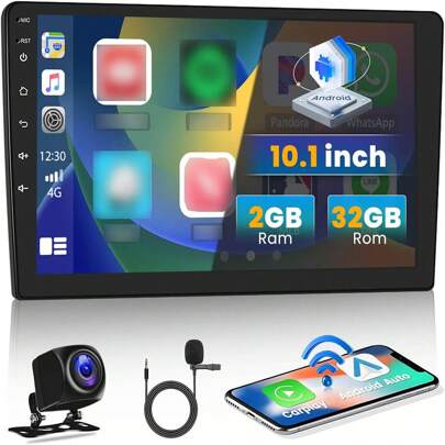 10.1 Inch Android 13 Car Stereo Double Din Wireless Apple Carplay, Android Auto, GPS Radio Navigation For Car, WiFi, Bluetooth, FM Radio, Mirror Link, 2+32GB + Microphone + Camera