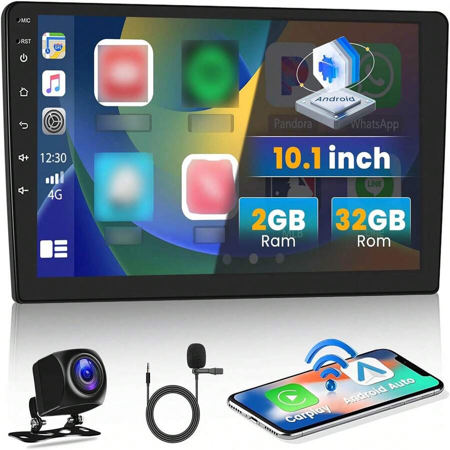 10.1 Inch Android 13 Car Stereo Double Din Wireless Apple Carplay, Android Auto, GPS Radio Navigation For Car, WiFi, Bluetooth, FM Radio, Mirror Link, 2+32GB + Microphone + Camera - Black - View 1