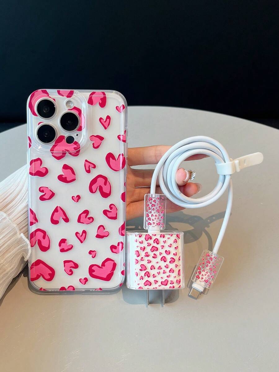 5 件/套手机壳、USB 数据线、带心形图案的充电器盖，兼容 iPhone 7/8/7P/8P/X/XS/XR/XSM/11/11P/11PM/12/12P/12PM/12M/13/13P/13PM/13M/14/14P/14P/14PM/15/15P/15P/15PM - 彩色 - 查看 1