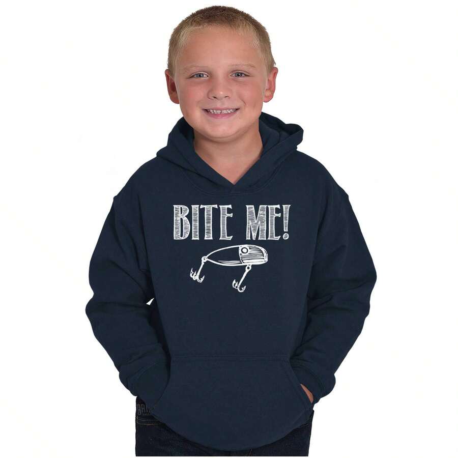 Bite Me Fish Bait Funny Fishing Humor Youth Hoodie Boy Girl - Hải quân - Xem 1