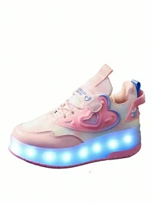 Zapatos con ruedas recargables por USB con luces LED de colores para niños, niños/niñas, bebé/niño pequeño/niño grande, deportes al aire libre, tenis casuales con ruedas, malla transpirable, modos de iluminación intermitente - Rosa - Ver 7