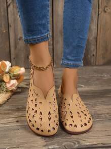 Zuecos de madera calados Geta para mujer, zapatos planos informales transpirables sin cordones, calzado ligero para caminar - Marrón - Ver 2