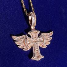 DUBSS 1 pieza Colgante de collar de alas cruzadas de ángulo chapado con hielo para hombres, joyería de hip hop plateada
