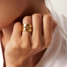 Aritio 1 pieza Anillo abierto decorado con circonita cúbica multicolor chapado en oro de 18K de acero inoxidable vintage, adecuado para uso diario y como regalo de boda para mujer - Amarillo Oro - Ver 2