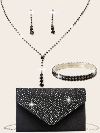 4 Pieces Women Rhinestone Evening Clutch Bag Rhinestone Ear Clip Bridal Wedding Choker Bracelet Dangle Bling Glitter Purse Clutch Purse Envelope Evening Bag For Women Prom Sparkling Handbag With Detachable Chain For Wedding And Party Shoulder Bag For Women