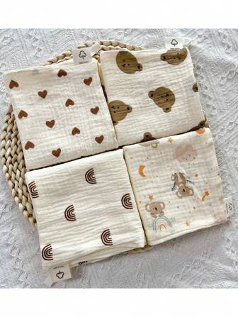 4 件装新生儿纱布手帕、卡通图案柔软毛巾和围兜