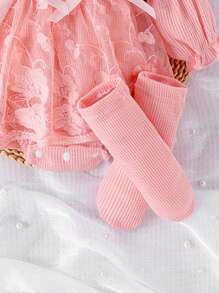 1 Bộ đồ liền thân phối ren thanh lịch cho bé gái có dây đeo đầu và tất, mùa thu/đông - Hồng - Xem 7