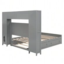 DlandHome 94'' Wood Bed, Solid Wood Bed With Multi-Functional Cabinets, Sockets, 4 Large Capacity Drawers Under The Bed, Full Storage Space