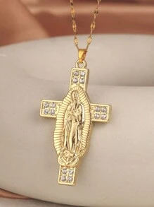 不锈钢项链，圣母玛利亚吊坠镶嵌立方氧化锆，女士款，适合婚礼、派对和日常佩戴