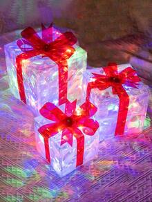 Set Of 3 Christmas 60 LED Lighted Gift Boxes, Transparent Warm White Lighted Christmas Box Decor, Presents Boxes With Red Bows For Christmas Tree, Yard, Home, Christmas Decorations