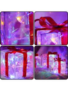 Set Of 3 Christmas 60 LED Lighted Gift Boxes, Transparent Warm White Lighted Christmas Box Decor, Presents Boxes With Red Bows For Christmas Tree, Yard, Home, Christmas Decorations