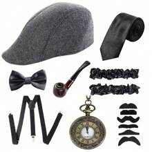 8 件纯色复古了不起的盖茨比男士配饰套装、配饰套装、万圣节舞会服装角色扮演派对