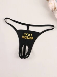 女士黑色性感镂空“我爱我的丈夫”金箔印花丁字裤，适合外出穿着 - 黑色 - 查看 3