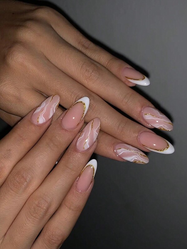 24pcs Almond White French Tip Press On Nails Medium Stripes With Glitter Fit Perfectly Design Acrylic False Nail Set,Contain 1pc Jelly Glue And 1pc Nail File, Summer Nails For Women And Girls To DIY Daily Work Study And Party Use