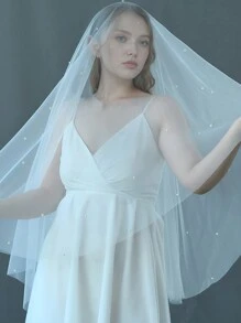 1 Stück minimalistische zweistufige Brautschleier mit Haarkamm, dünner, transparenter einfarbiger Perlenbesatz, geeignet für Hochzeitskleid Fotoshooting