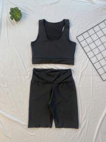 Women's Fitness Sports Set Gym Top And Long Suplex Shorts - màu đen - Xem 1