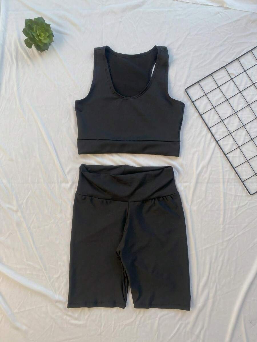 Women's Fitness Sports Set Gym Top And Long Suplex Shorts - màu đen - Xem 1