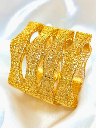 4件套时尚女士树叶镂空镀金开口手镯，适合沙特阿拉伯、中东、迪拜、欧洲、非洲新娘，可用于婚礼、派对、万圣节、情人节、节日礼物等场合。