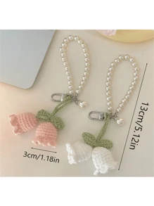 1pc Handmade White/Pink Woven Flower Backpack/Bookbag/Purse Pendant, Faux Pearl Decorated Bracelet / Keychain / Keyring, Crochet Flower Trinket In Summer Keychain Charms Lanyard For Keys Keychain Wristlet Gifts For Women Valentines