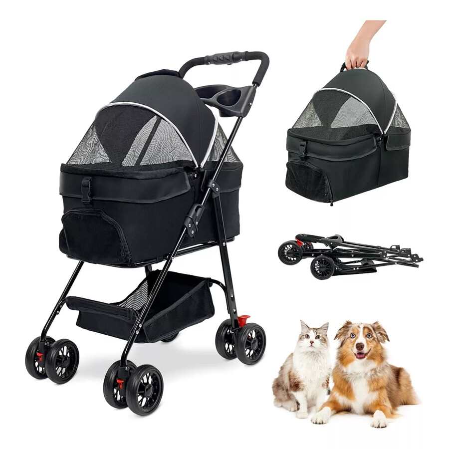 Carriola Plegable Para Perro Gato Mascotas Transportadora - Negro - Ver 1