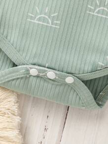 2pcs Infant Boys' Summer Ribbed Print Short Sleeve Bodysuit Set, Comfy & Stylish - Green - View 6