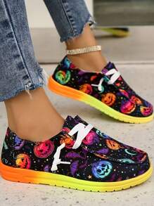 全新彩虹底鬼蝙蝠系列万圣节时尚女士平底帆布鞋大码休闲一脚蹬轻便平底鞋 - 彩色 - 查看 6