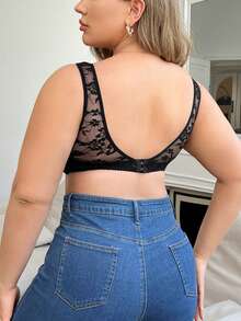 大码花卉蕾丝裹胸文胸 - 黑色 - 查看 3
