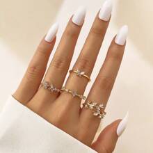 GARMEND 1set/4pcs Luxury Gold-Tone Rhinestone Butterfly Ring Set For Women