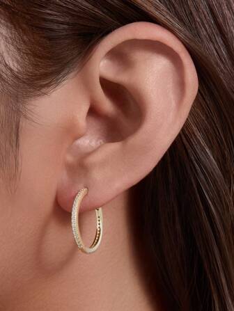 1對歐美風s925純銀極簡主義高端圓形耳環,微嵌細石裝飾,適合日常多種風格