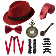 8 件纯色复古了不起的盖茨比男士配饰套装、配饰套装、万圣节舞会服装角色扮演派对