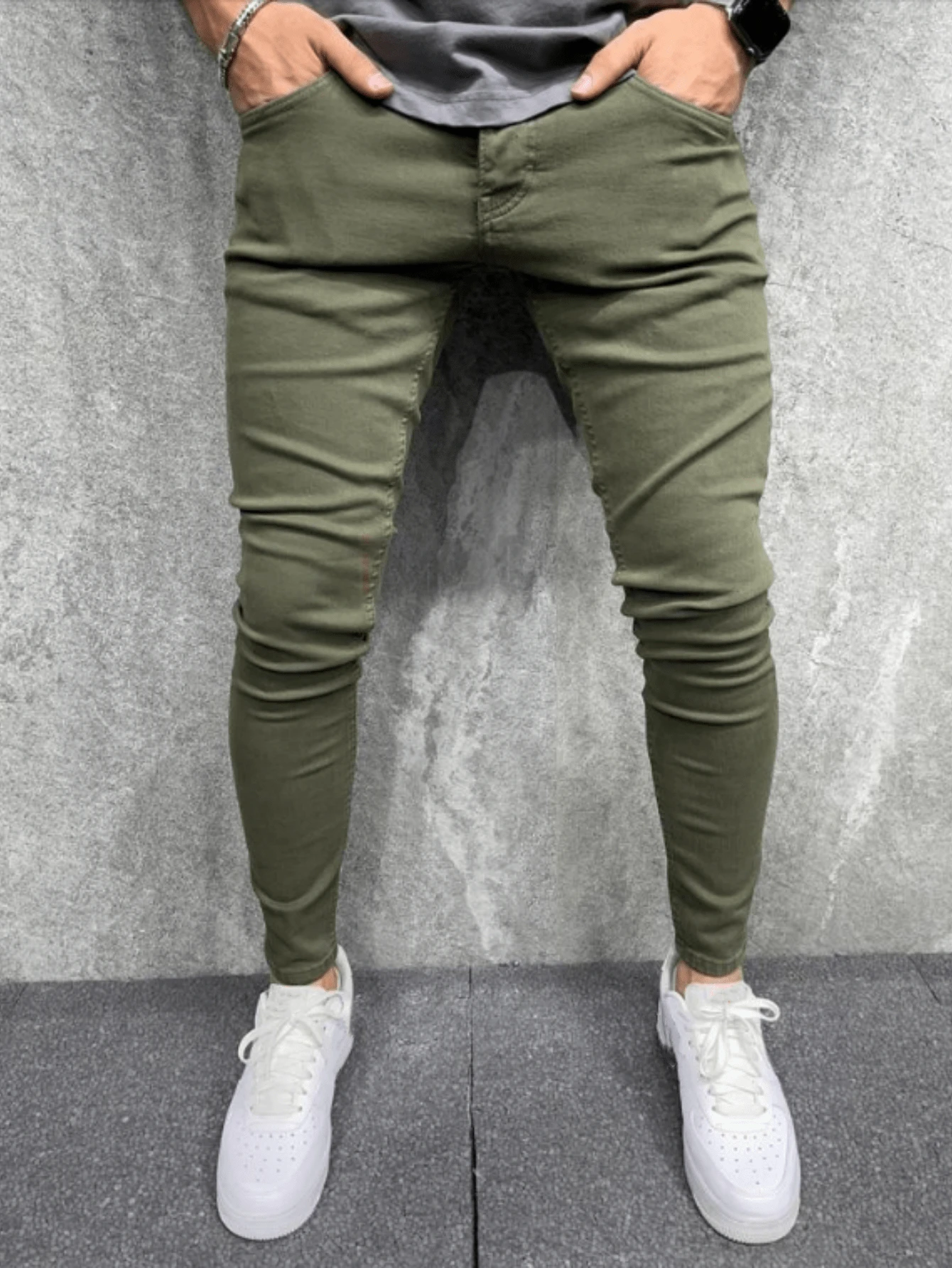 Men's Slim Fit Pocket Casual Denim Jeans, Emo Style - Army Green - View 1