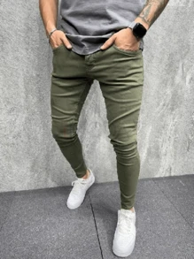 Men's Slim Fit Pocket Casual Denim Jeans, Emo Style - Army Green - View 3