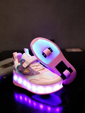 USB Rechargeable LED 7-Color Luminous Roller Shoes, Breathable Mesh Sporty Sneakers With Wheels For Boys Girls, Spring/Autumn/Summer