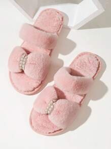 2025 Neue Damen Winter Hausschlappen für Zuhause rutschfest, warm und leise mit einem Riemen, Kunstpelz mit Perlen