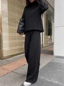 新款时尚优雅秋冬季宽松高领长袖上衣毛衣裤子两件套