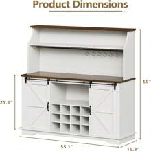 55" Buffet Storage Cabinet With 3-Tier Storage, Farmhouse Coffee Bar With 6 Hooks, Kitchen Wine Bar Cabinet With 12 Wine Racks & 3 Glass Holders, Coffee Bar Station For Dining Room, White