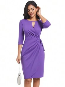 Fall And Winter Violet Purple Casual Elegant Work Twist Bodycon Party Dress Midi Women Dresses